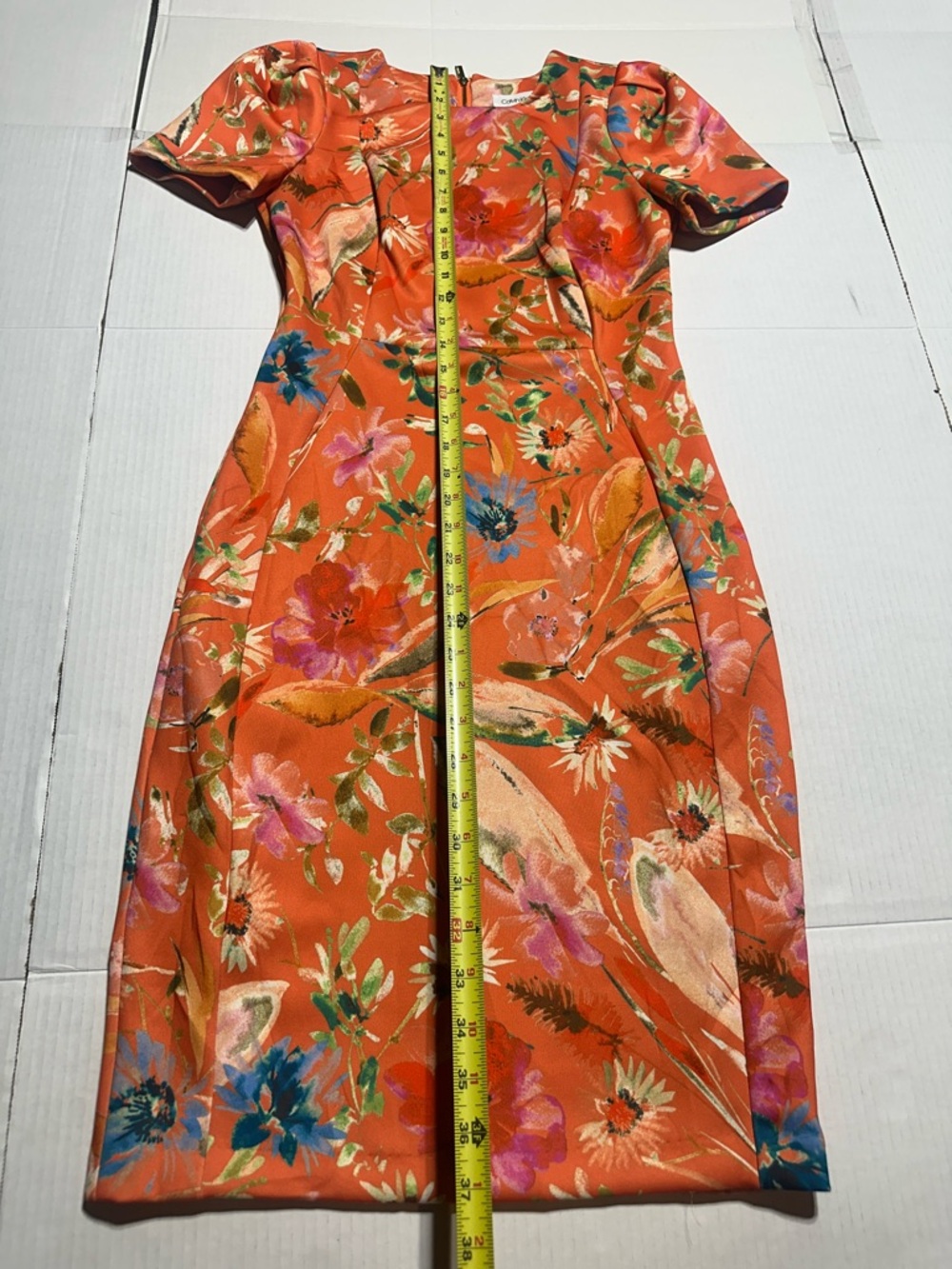 Calvin Klein Floral stretchy Orange Sheath Dress Vibrant Floral Print zipper sz4 - Picture 4 of 10
